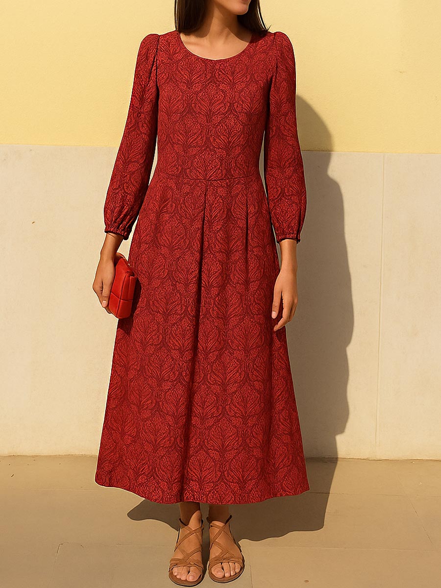 Women's Retro Geometric Pattern Print Round Neck Long Sleeve Casual Loose Dress