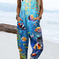 Women's Lovely Fish Art Print Casual 100% Cotton Wide Leg Jumpsuit