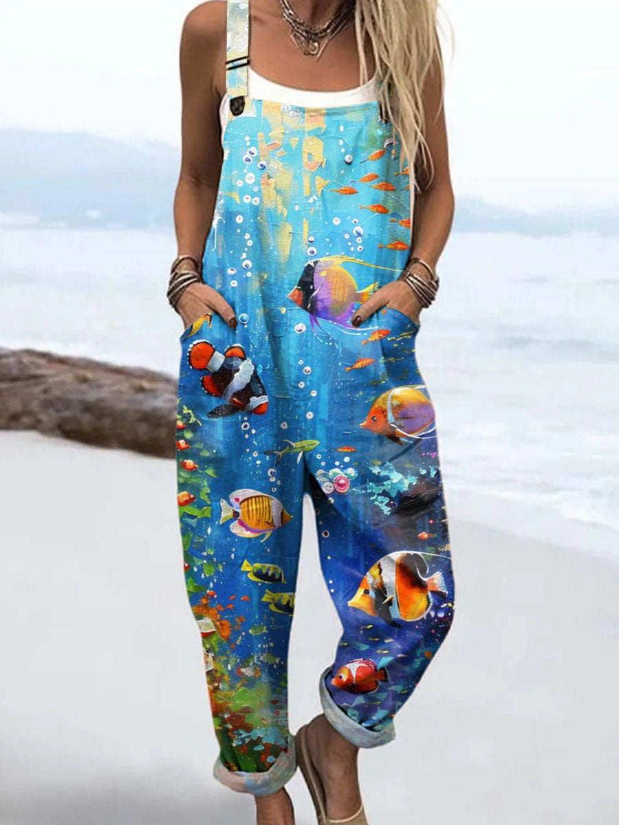 Women's Lovely Fish Art Print Casual 100% Cotton Wide Leg Jumpsuit