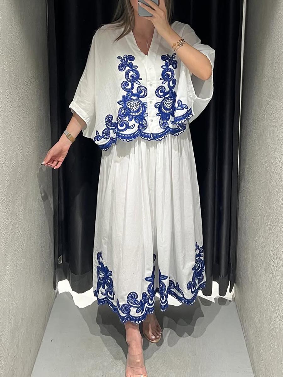 Women's Solid Color V-Neck Batwing Sleeves Exquisitely Embroidered Casual Cotton Top Elastic Waist A-Line Positioning Embroidered Skirt Set