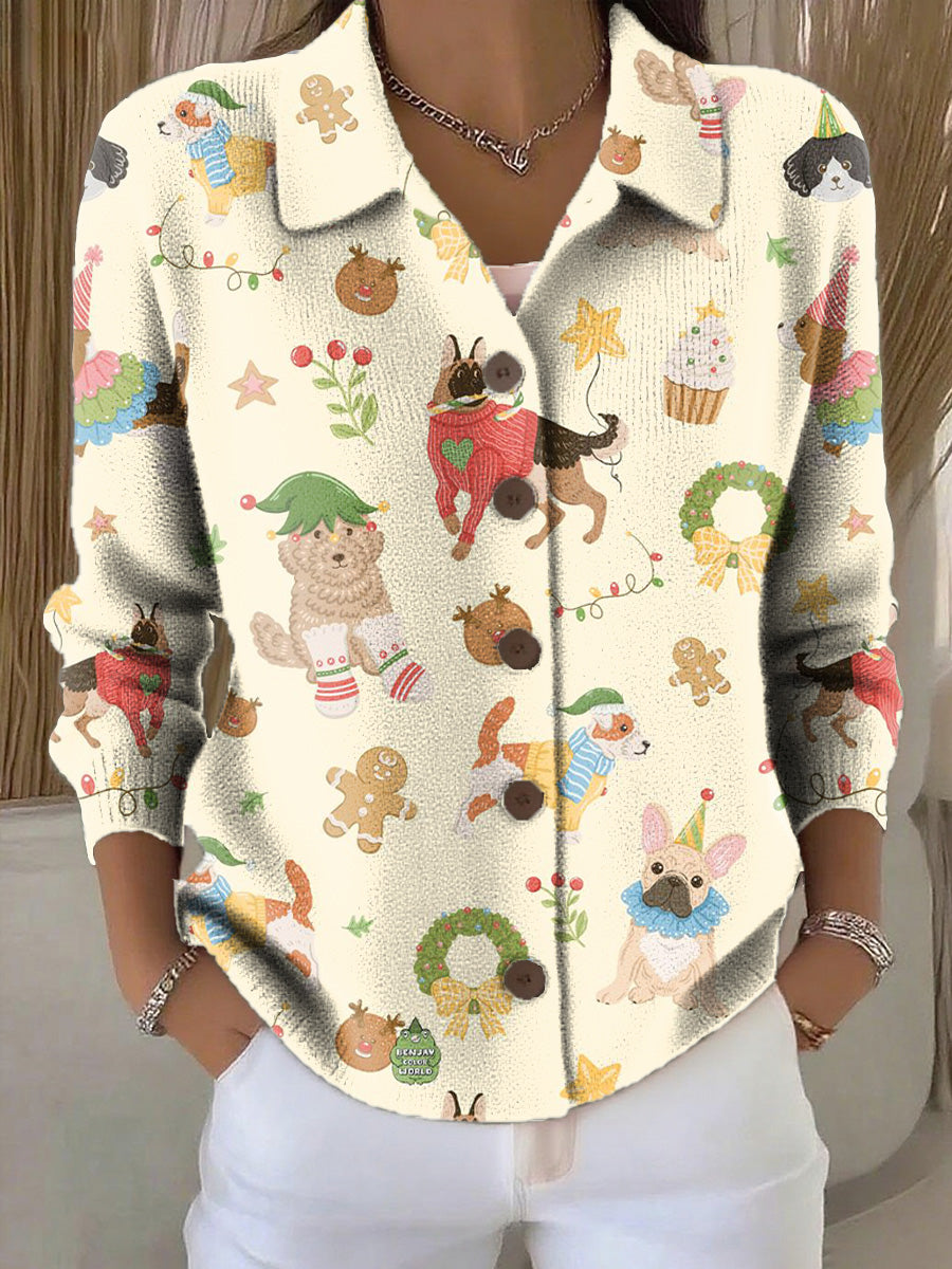 Women's Merry Christmas Christmas Dog Painting Art Print Cowl Neck Sweater