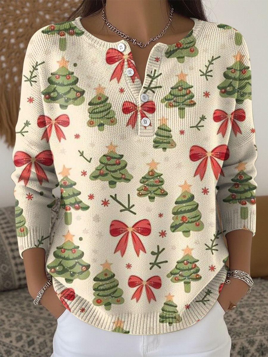 Women's Christmas Trees Pattern Art Print Buttoned Cardigan Sweater