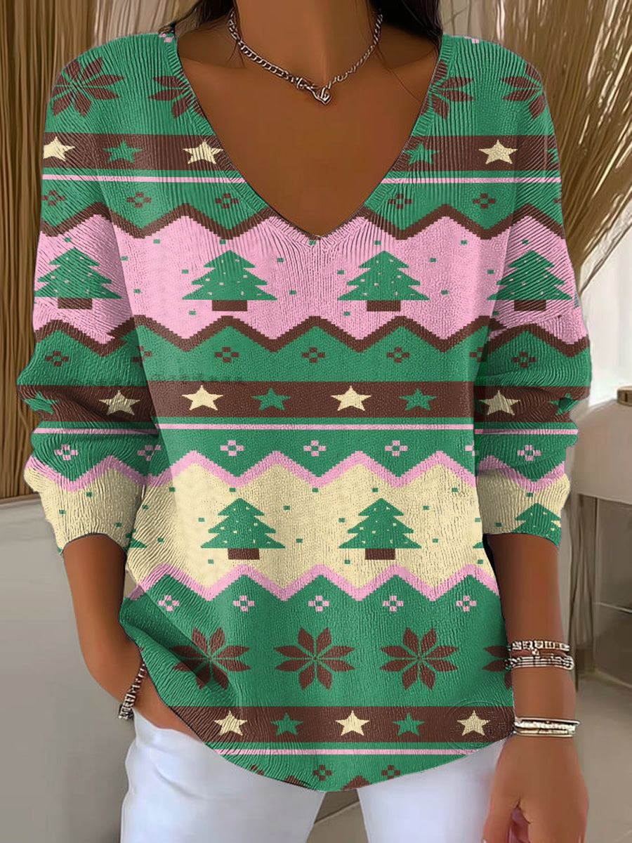 Women's Christmas Tree Horizontal Stripe Print Casual Pullover Sweater