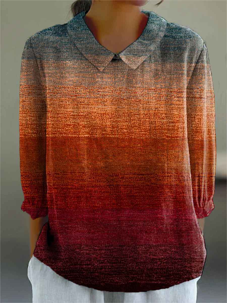 Women's Autumn Gradient Striped Print Casual Cotton And Linen 3/4 Sleeve Shirt