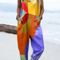 Women's Abstract Colorful Geometric Block Painting Art Print Casual 100% Cotton Wide Leg Jumpsuit