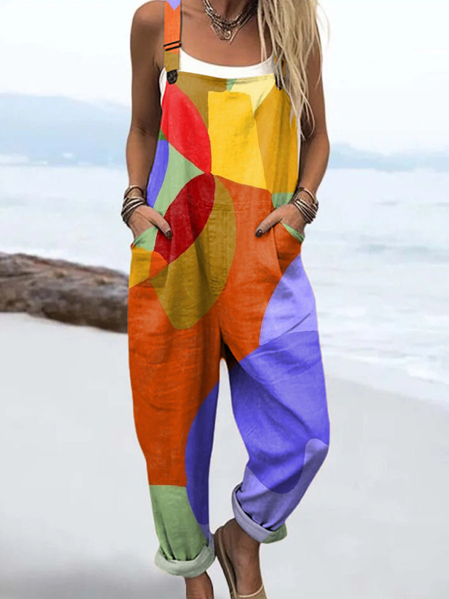 Women's Abstract Colorful Geometric Block Painting Art Print Casual 100% Cotton Wide Leg Jumpsuit