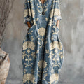 Women's Vintage Floral Pattern Art Print Pocket V-neck Cotton Dress