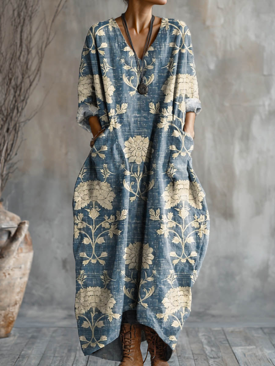 Women's Vintage Floral Pattern Art Print Pocket V-neck Cotton Dress