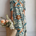 Women's Vintage Flower Art Print Linen Pocket Dress