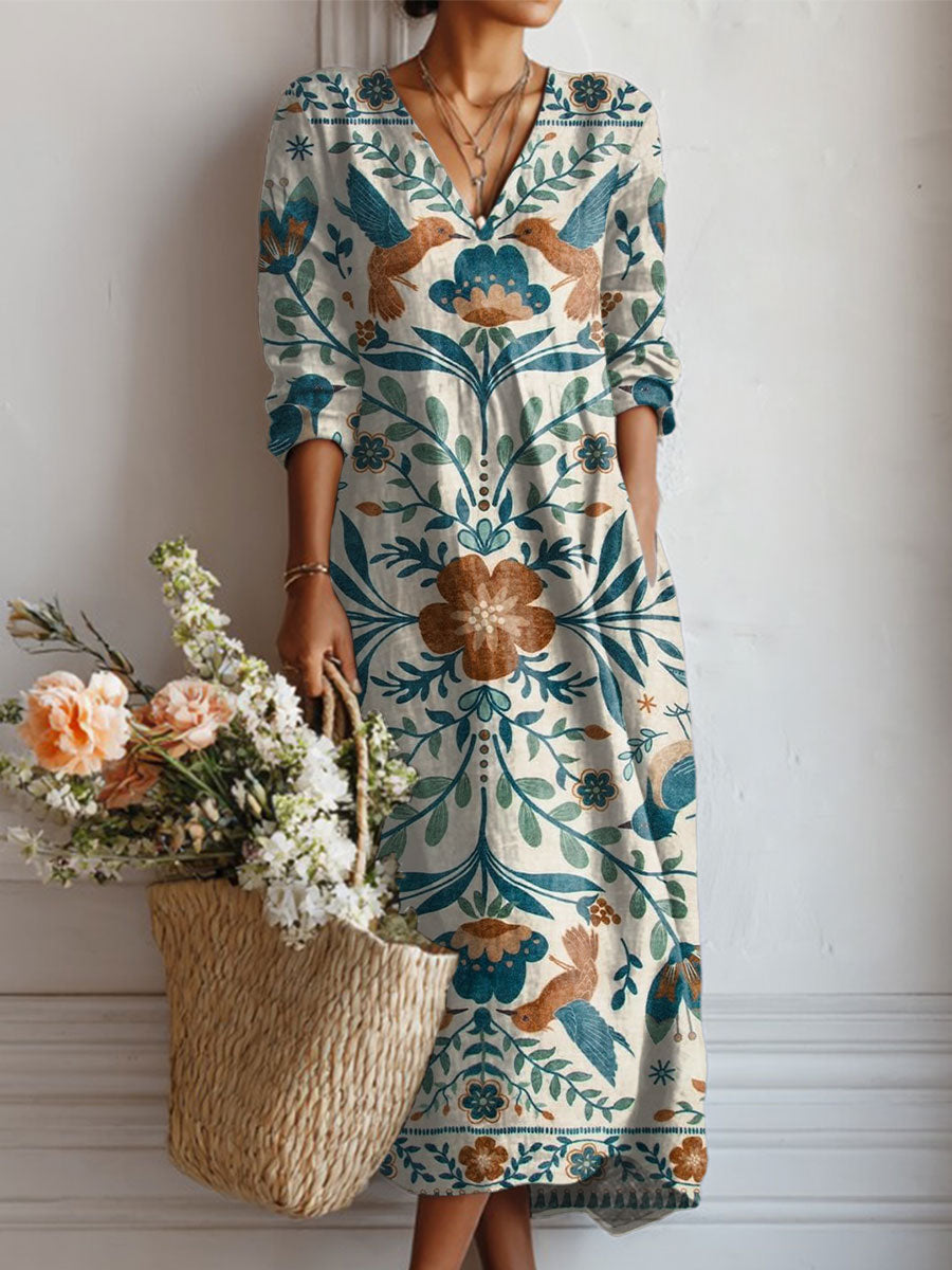 Women's Vintage Flower Art Print Linen Pocket Dress