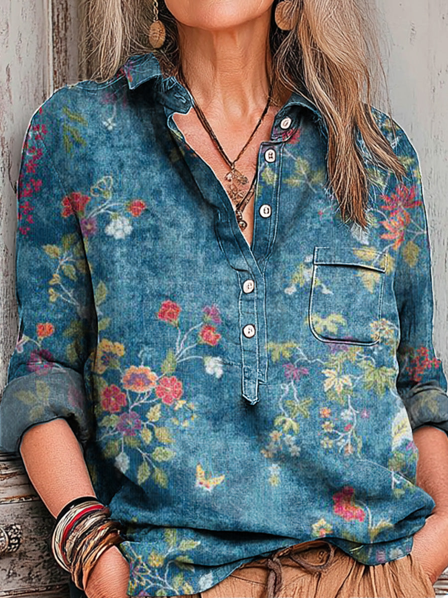 Women's Vintage Floral Painting Art Print Casual Cotton And Linen Shirt
