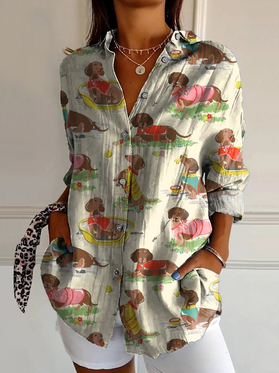 Lovely Dachshund Dog Pattern Printed Women's Casual Cotton Shirt