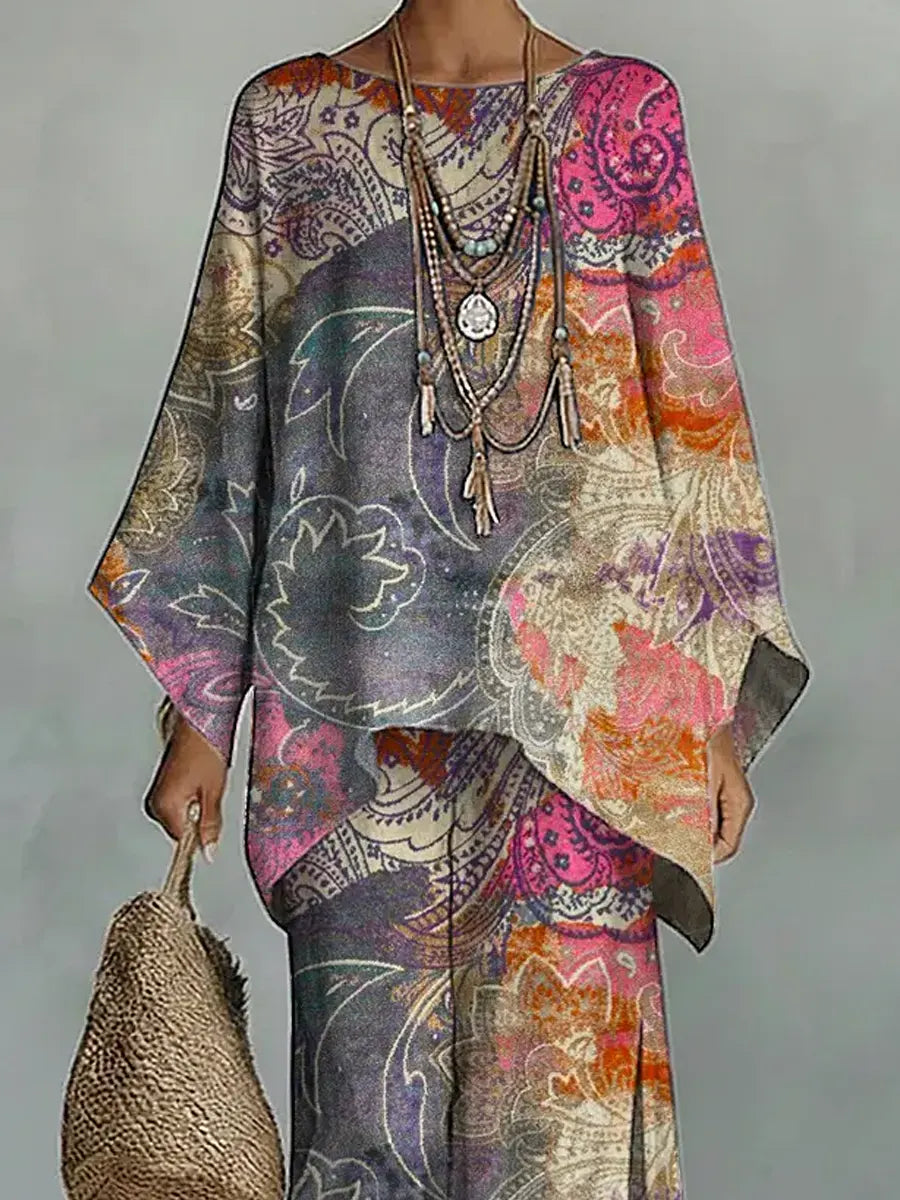 Women's Vintage Ethnic Floral Art Comfortable Loose Cotton Linen Wide-leg Pants Two-piece Set