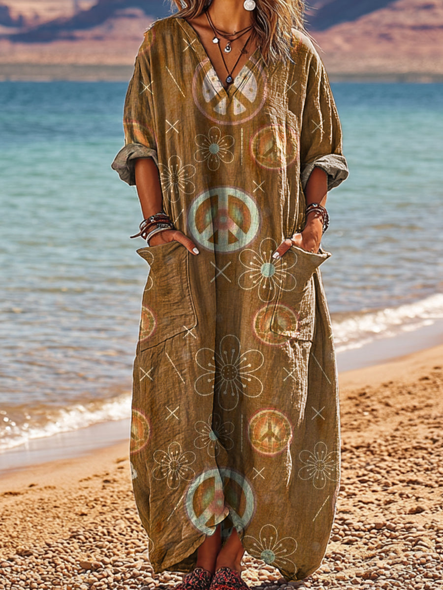 Women's Vintage Peace Icon Drawing Art Print Pocket V-neck Cotton Dress