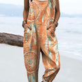 Women's Vintage Boho Art Print Casual 100% Cotton Wide Leg Jumpsuit