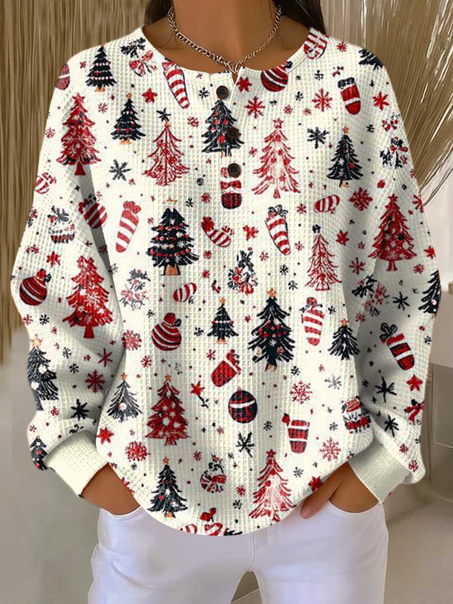 Women's Christmas Tree Art Print Casual Waffle Henry Collar Sweatshirt