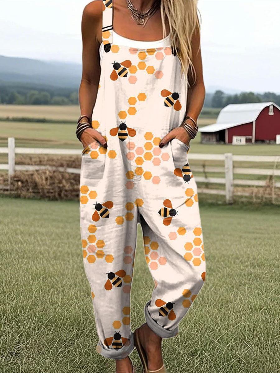 Women's Fashion Bee Art Print Casual 100% Cotton Wide Leg Jumpsuit
