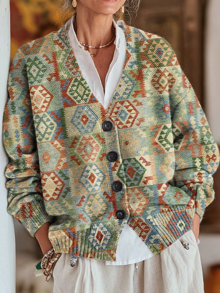 vintage-beautiful-ethnic-geometric-check-art-print-buttoned-v-neck-cardigan-sweater