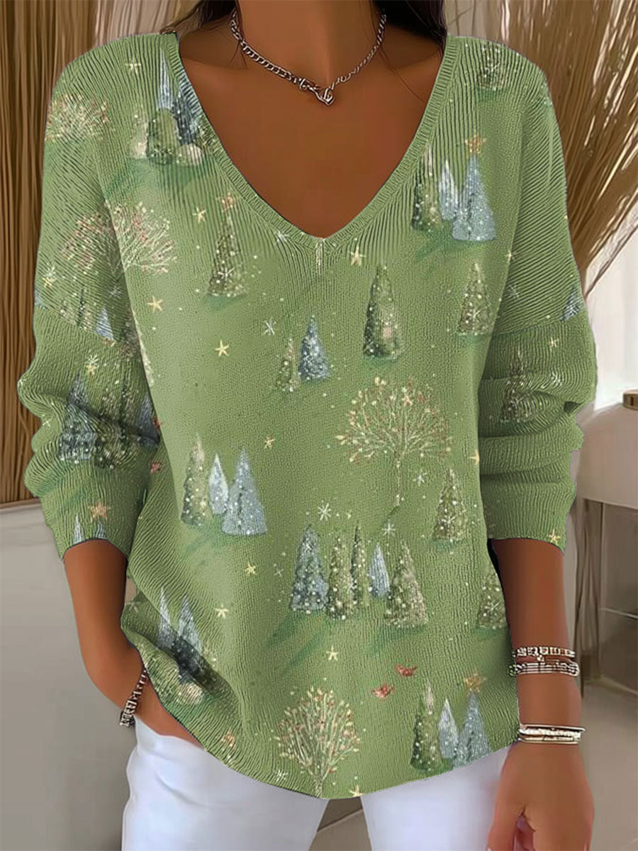 Women's Vintage Christmas Tree Art Print Casual Pullover Sweater