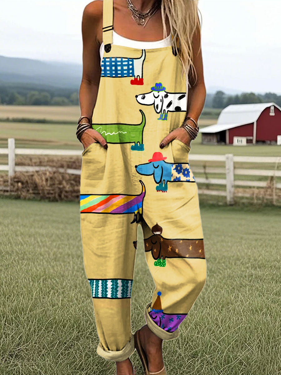 Women's Colorful Puppy Pattern Art Print Casual 100% Cotton Wide Leg Jumpsuit