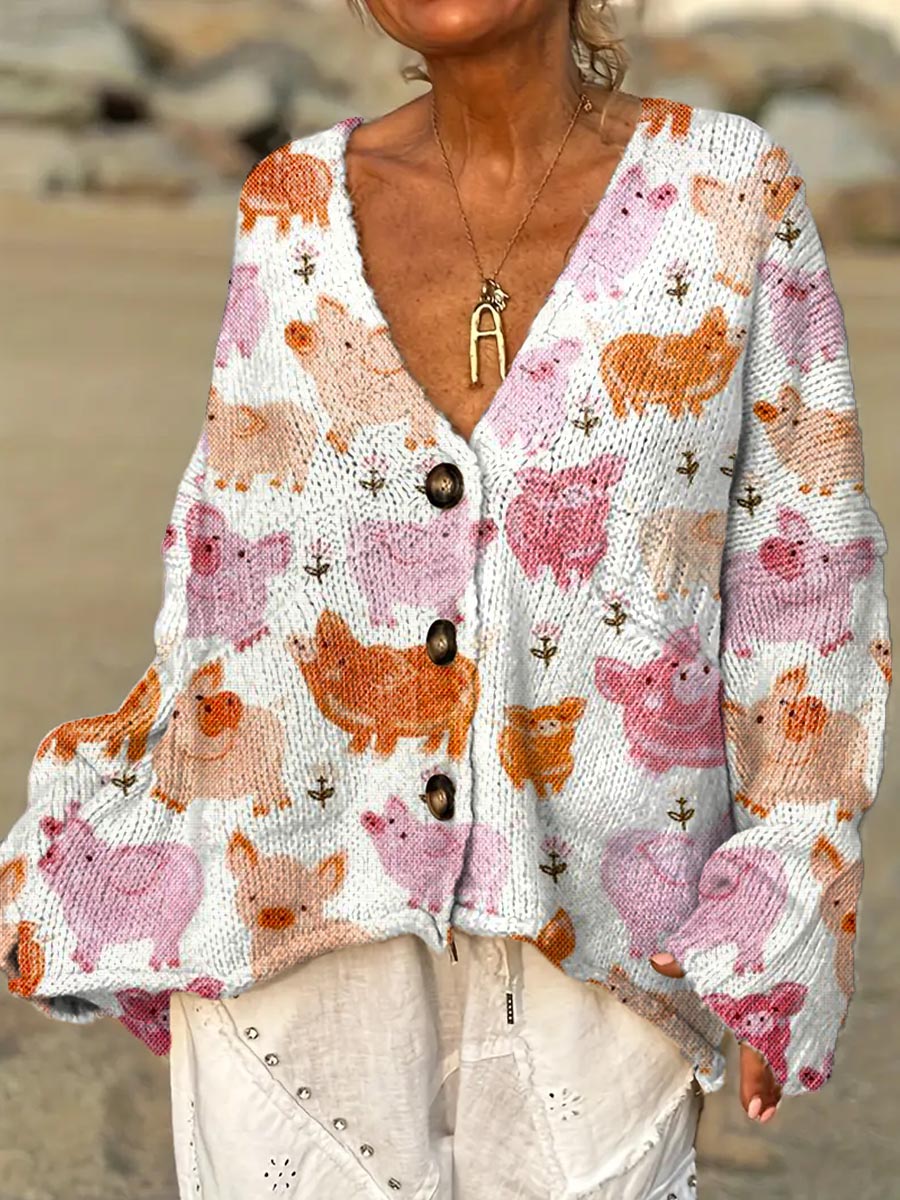 womens-lovely-pig-art-print-casual-pullover-sweater