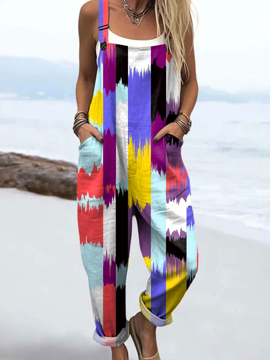 Women's Colorful Abstract Art Print Casual 100% Cotton Wide Leg Jumpsuit