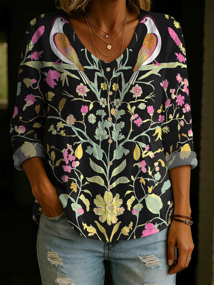 Women's Floral And Bird Decorative Patterns Casual Cotton Linen Shirt