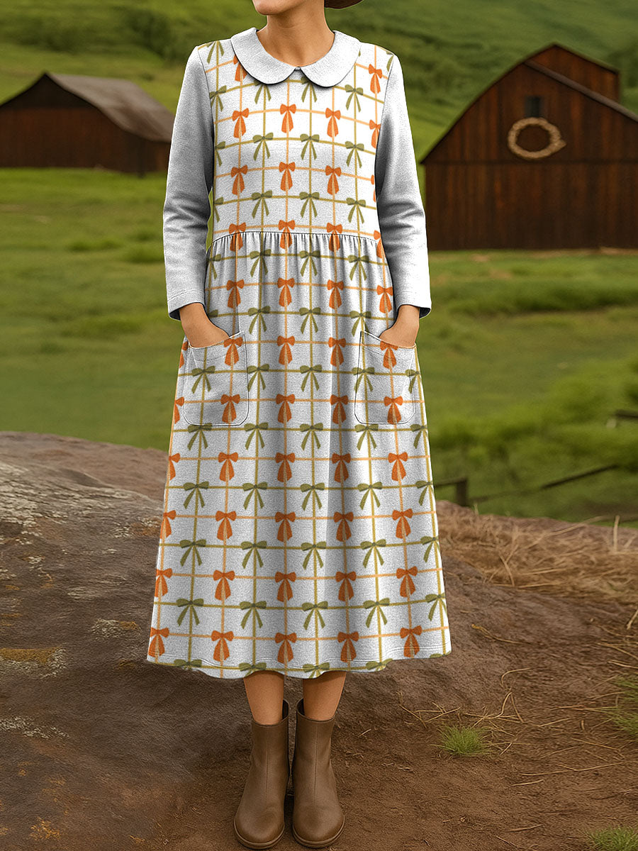 Line check and bow decorative pattern Peter pan Collar Casual Dress