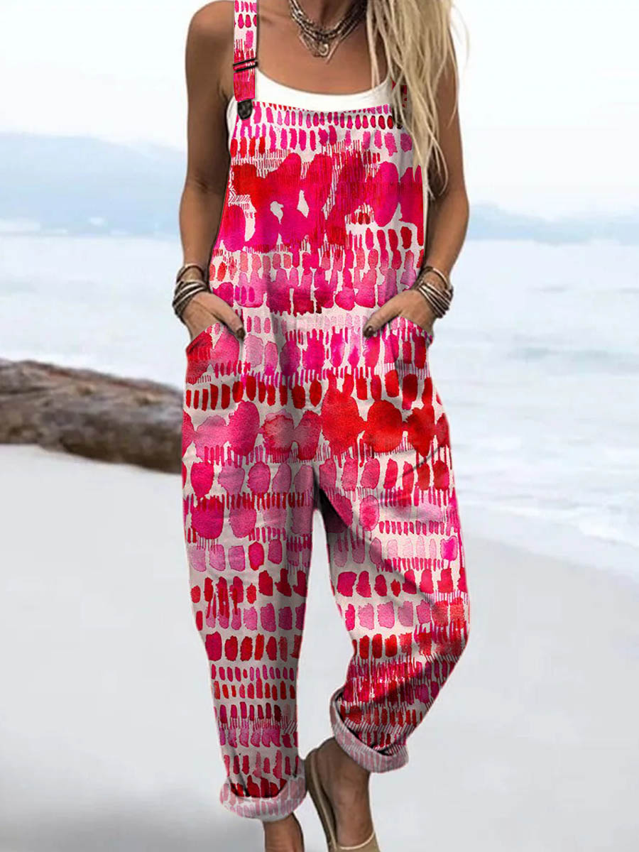 Women's Abstract Pattern Art Print Casual 100% Cotton Wide Leg Jumpsuit