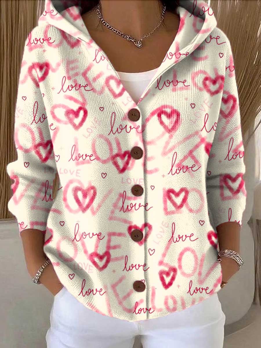 Women's Love Art Printed Casual Hooded Button Sweater