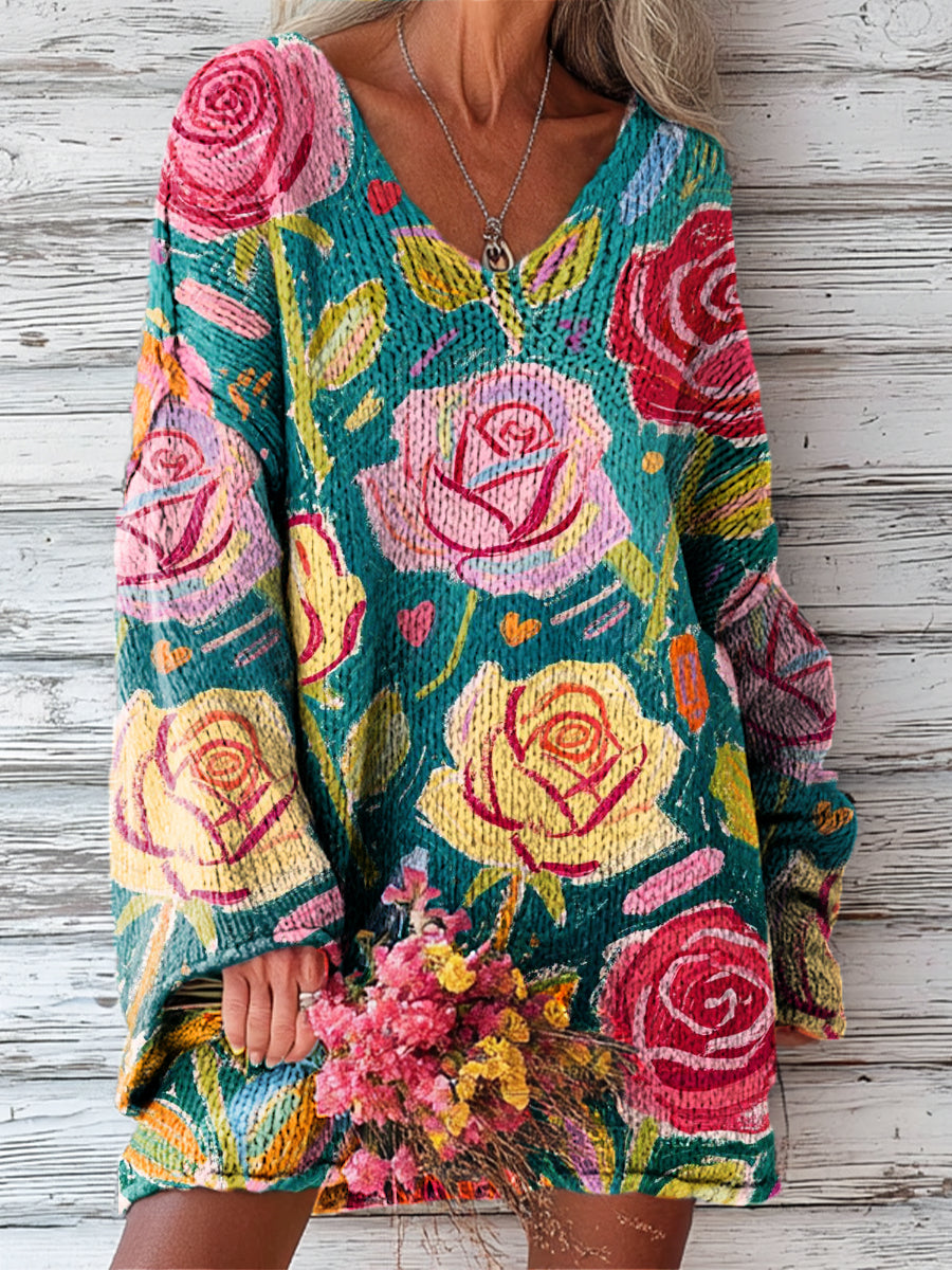 womens-vintage-beautiful-colorful-large-flower-painting-art-print-casual-pullover-sweater