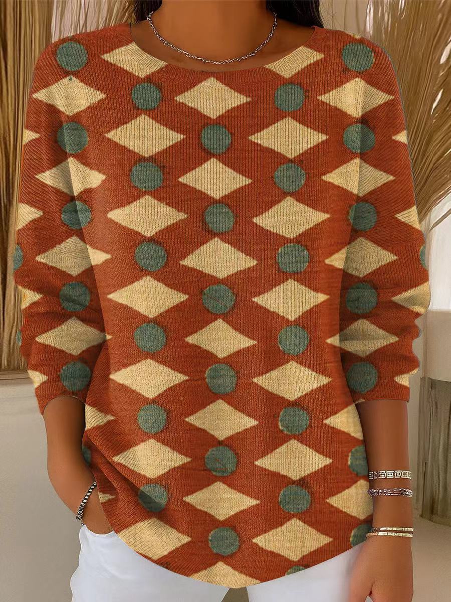 Women's Vintage Diamond Circle Geometric Painting Art Print Casual Pullover Sweater