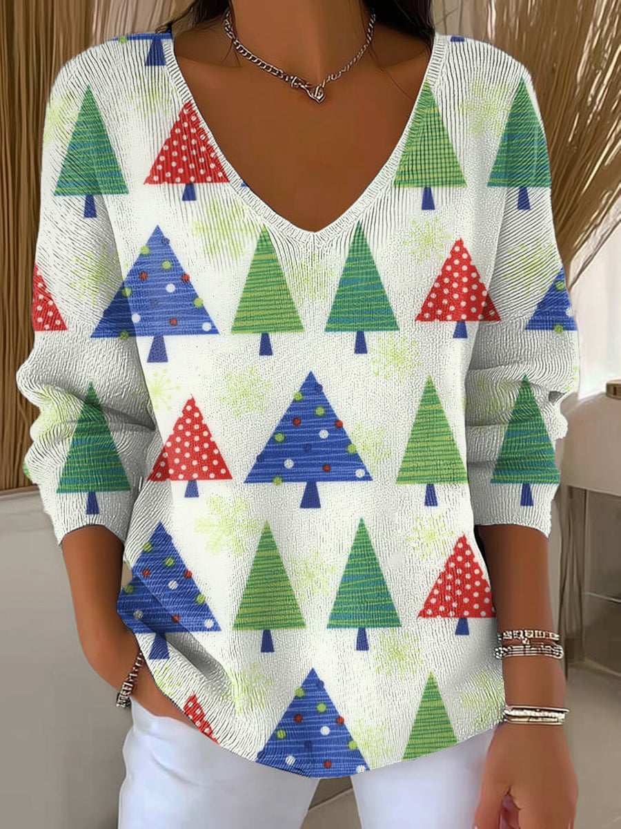 Women's Beautiful And Colorful Winter Christmas Tree Painting Art Print Casual Pullover Sweater