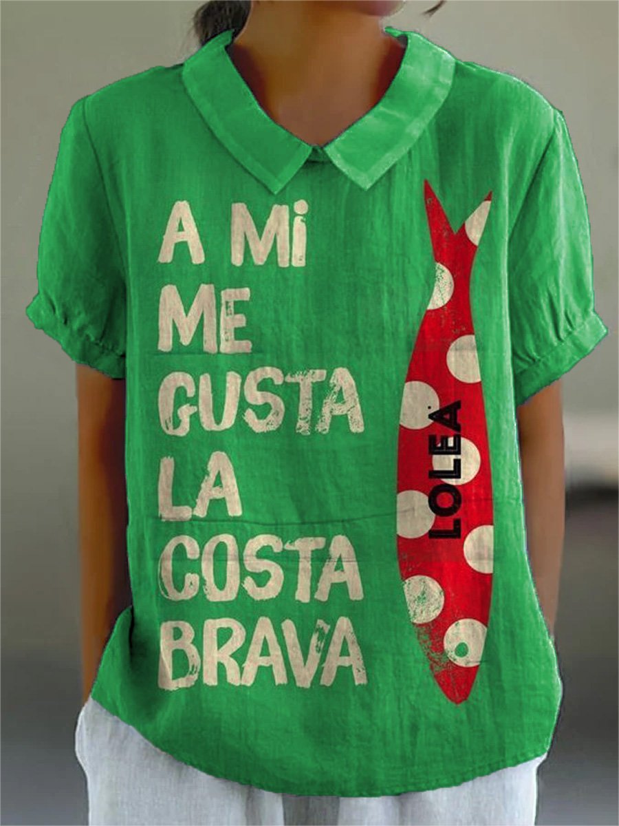 Sardine Fish Art Printed Women's Casual Cotton And Linen Shirt