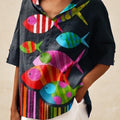 Women's Fish Art Print Casual Linen V-neck Shirt