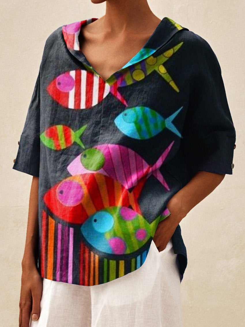 Women's Fish Art Print Casual Linen V-neck Shirt