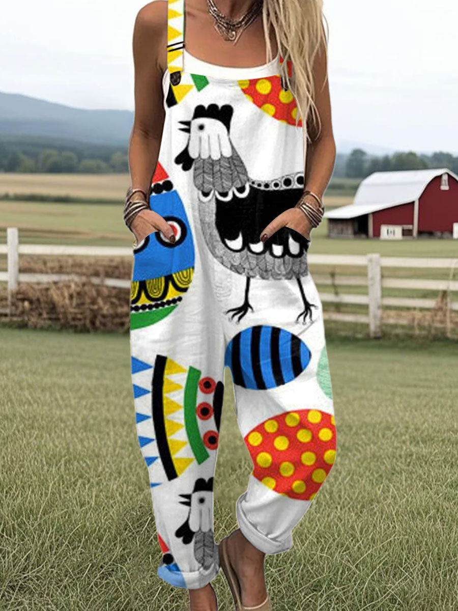 Women's Funny Chick Art  Print Casual 100% Cotton Wide Leg Jumpsuit