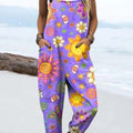 Women's Purple Art Cartoon Sun Flower Print Casual 100% Cotton Wide Leg Jumpsuit