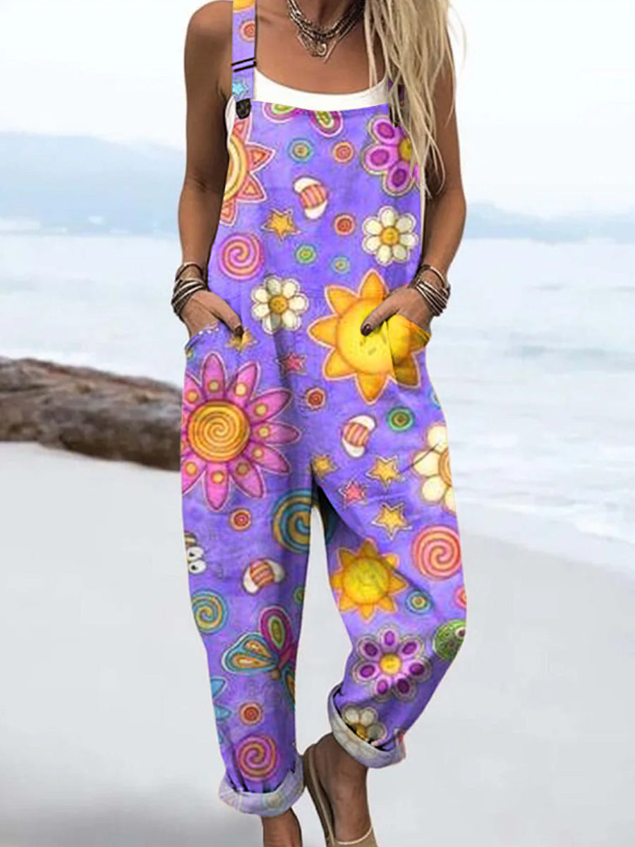 Women's Purple Art Cartoon Sun Flower Print Casual 100% Cotton Wide Leg Jumpsuit