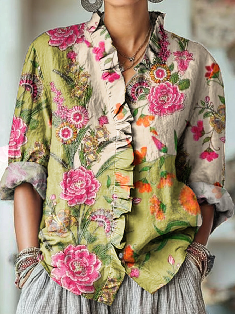 Women's Two-tone Ethnic Floral Painting Art Print Casual Cotton And Linen Ruffle Shirt