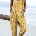 Women's Artistic Colourful Broken Flower Print Casual 100% Cotton Wide Leg Jumpsuit