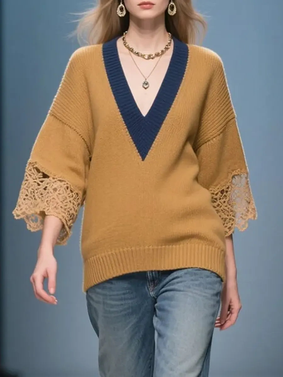 Women's Color-block V-neck Three-quarter Sleeve Loose-fitting Casual Knitted Sweater