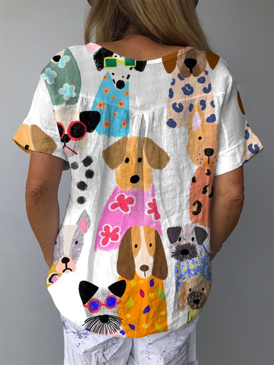 Women's Minimalist Colorful Cartoon Puppy Print Casual Cotton And Linen Shirt