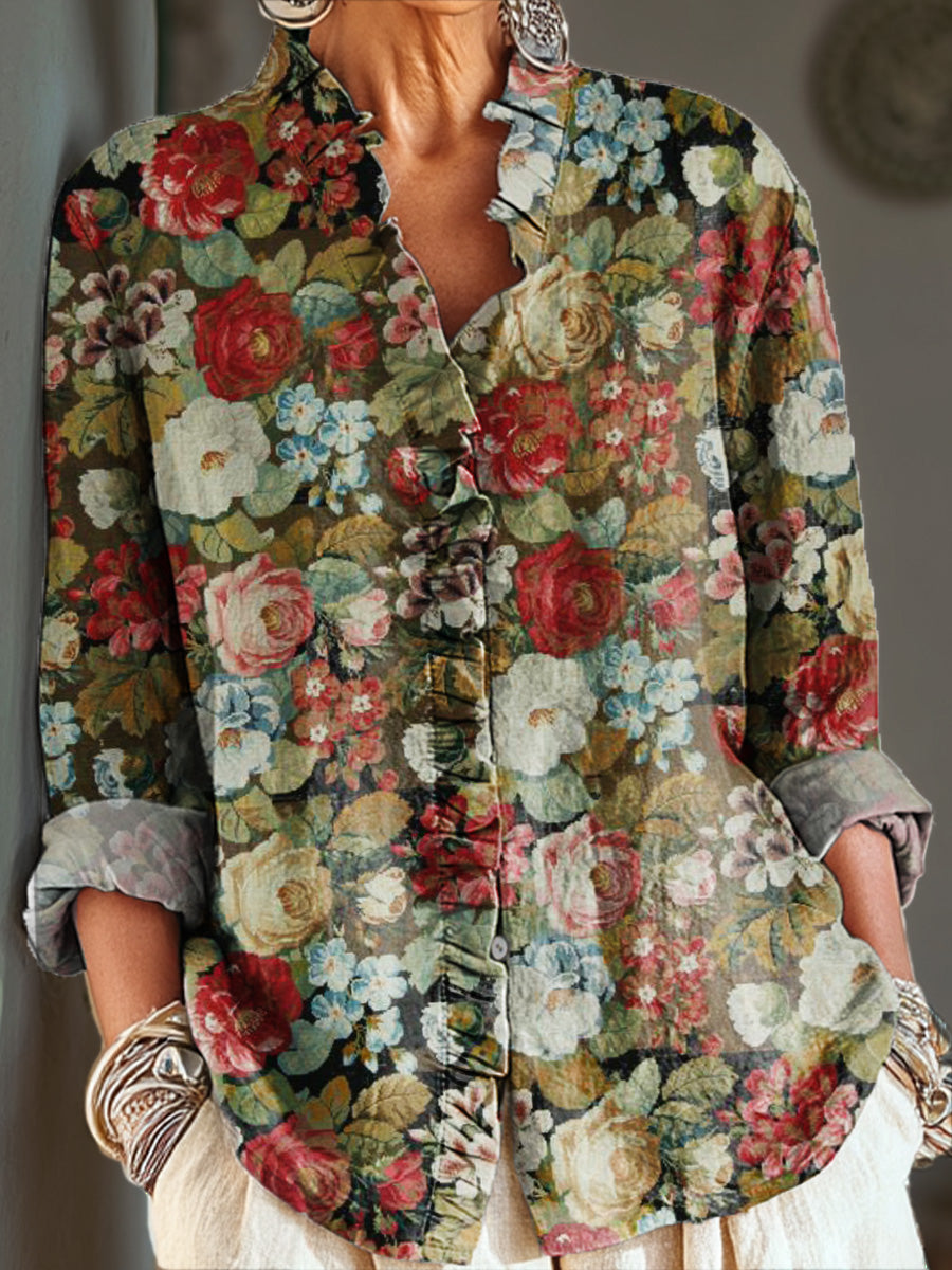 Women's Vintage Ethnic Floral Painting Art Print Casual Cotton And Linen Ruffle Shirt
