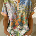 Retro Oil Painting Print Loose-fit Cotton-linen Short-sleeve Shirt