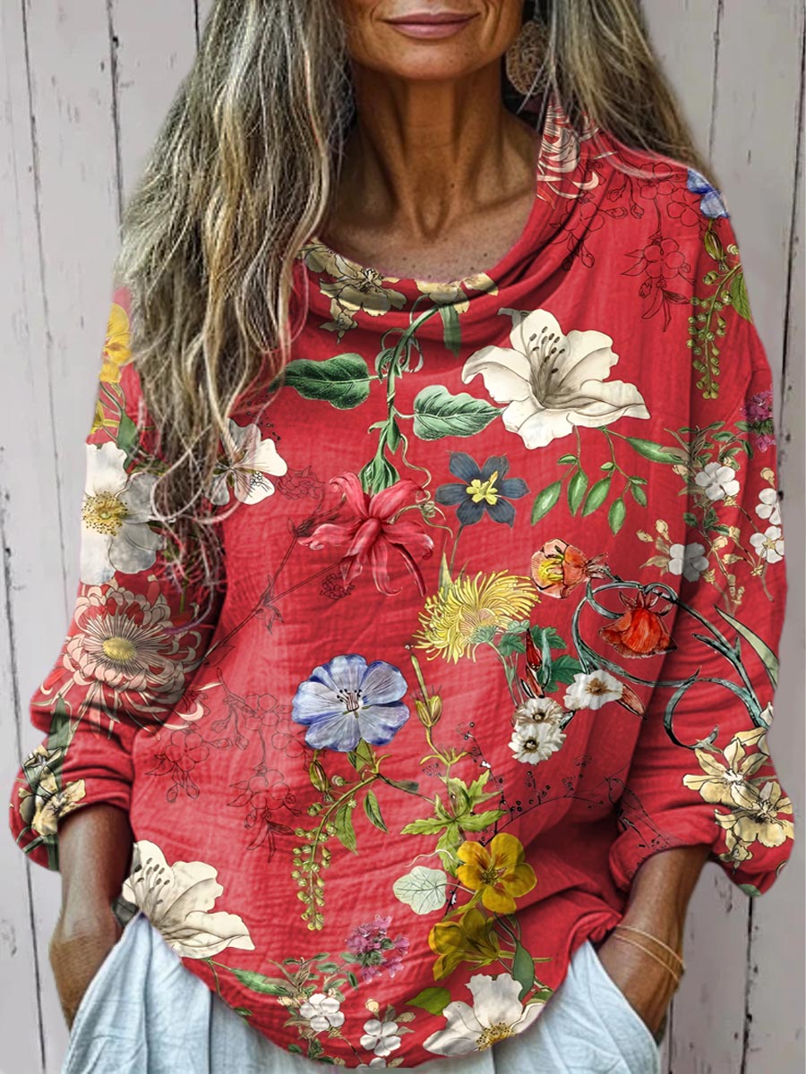 Women's Vintage Floral Art Print Casual Long Sleeve Comfortable Cotton Shirt
