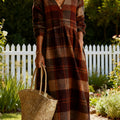 Women's Vintage  Plaid Art Print Linen Pocket Tunic Dress