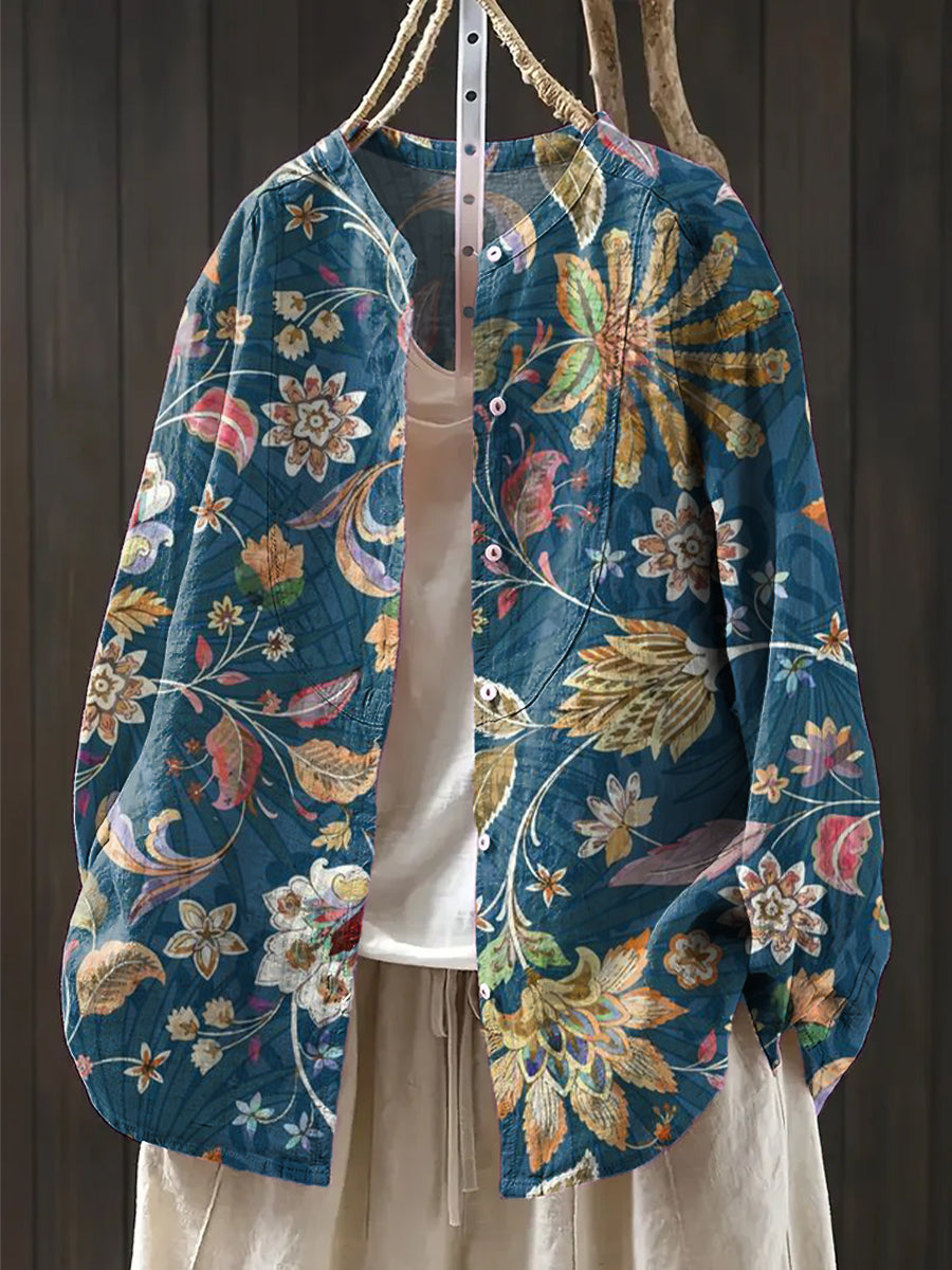 Women's Vintage Ethnic Floral Art Print Casual Cotton And Linen Shirt