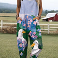 Women's Cute Duck Duck Floral Painting Art Print Casual 100% Cotton Wide Leg Jumpsuit