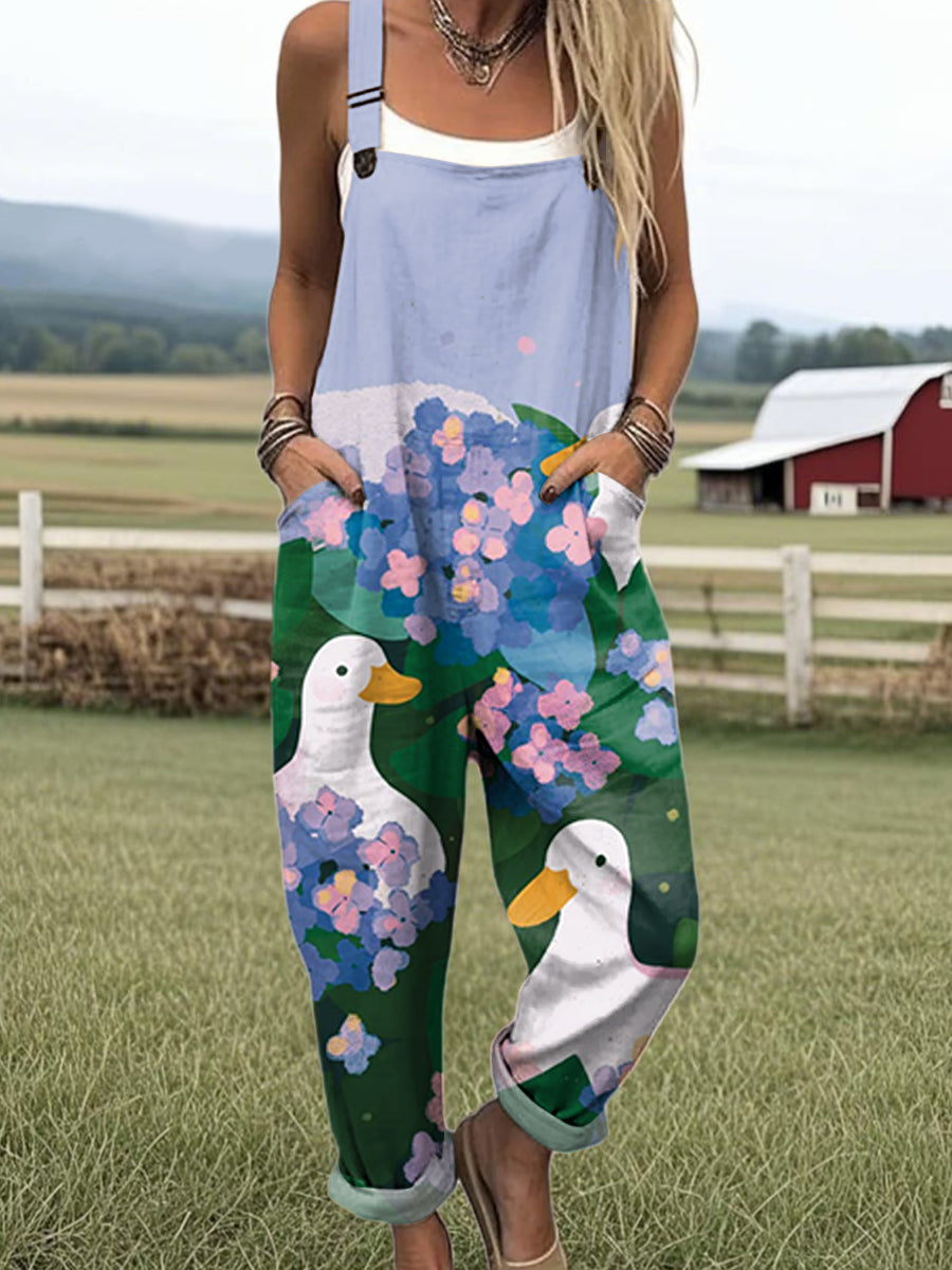 Women's Cute Duck Duck Floral Painting Art Print Casual 100% Cotton Wide Leg Jumpsuit